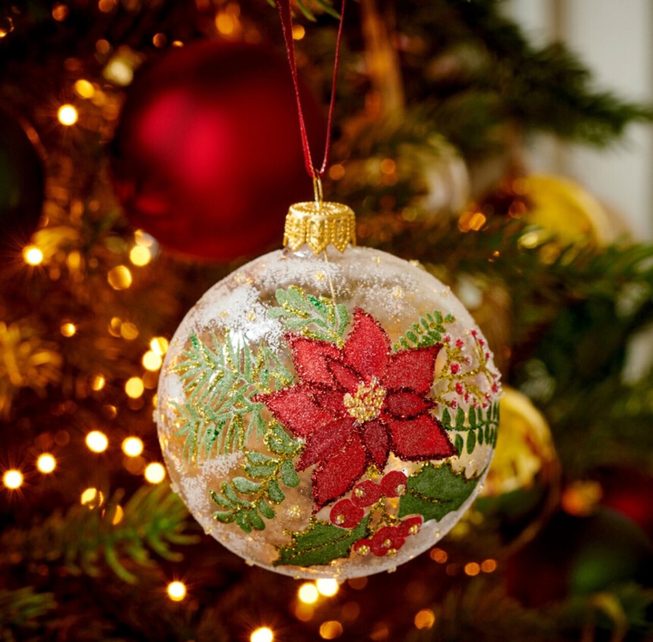 Glob Pointsettia w branches, Decoris, 8 cm, sticla, multicolor - imagine 4